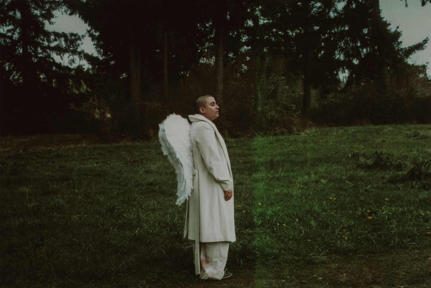 Person in a long cream coat wearing white angel wings stands in profile on a grassy hillside before dark evergreen trees.