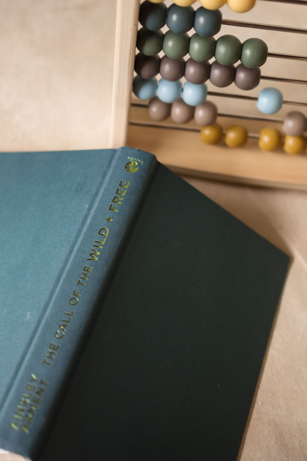 Green hardcover edition of The Call of the Wild by Jack London beside a wooden abacus with colorful beads.