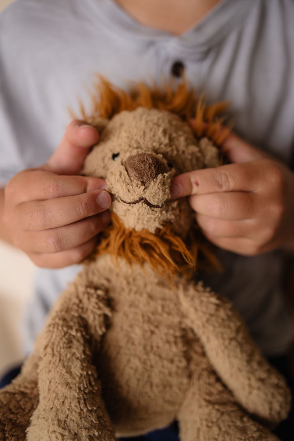 Child holding a plush lion stuffed animal toy, pointing at its embroidered smile with both hands.