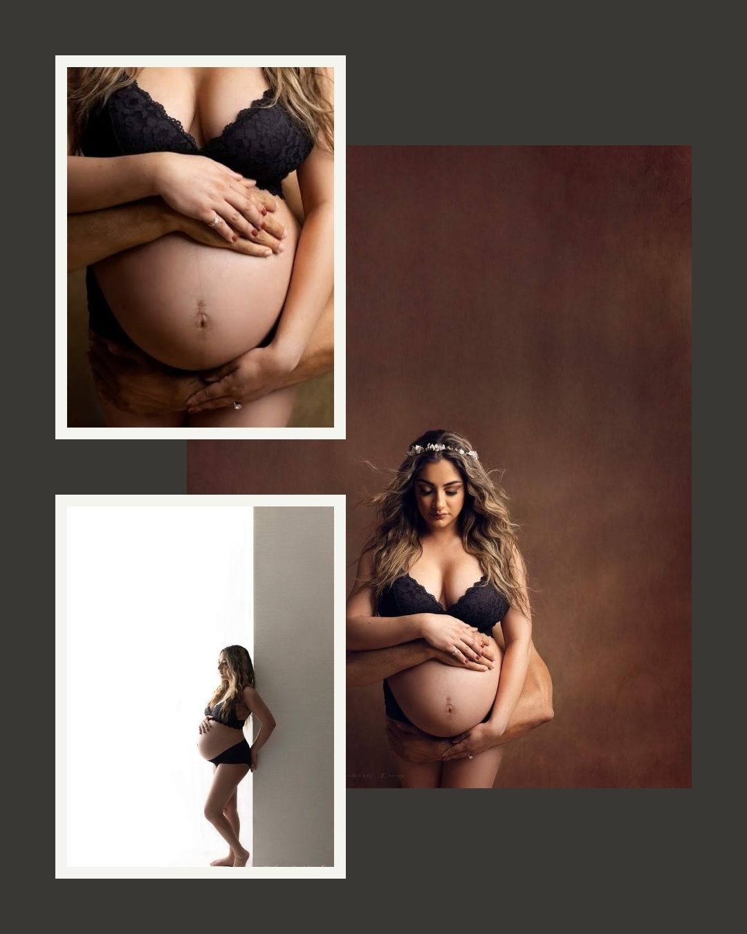 Pregnant woman in black lace lingerie maternity photo collage showcasing bump close-up and full body studio portraits.