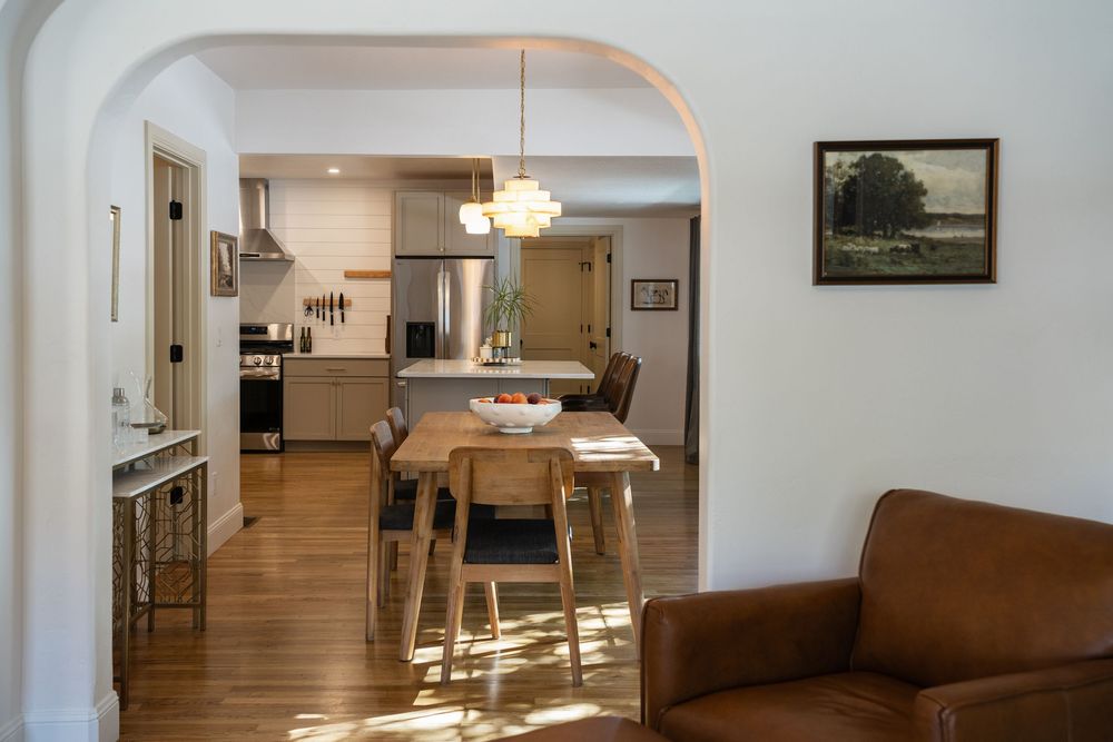 reading corner and view of kitchen