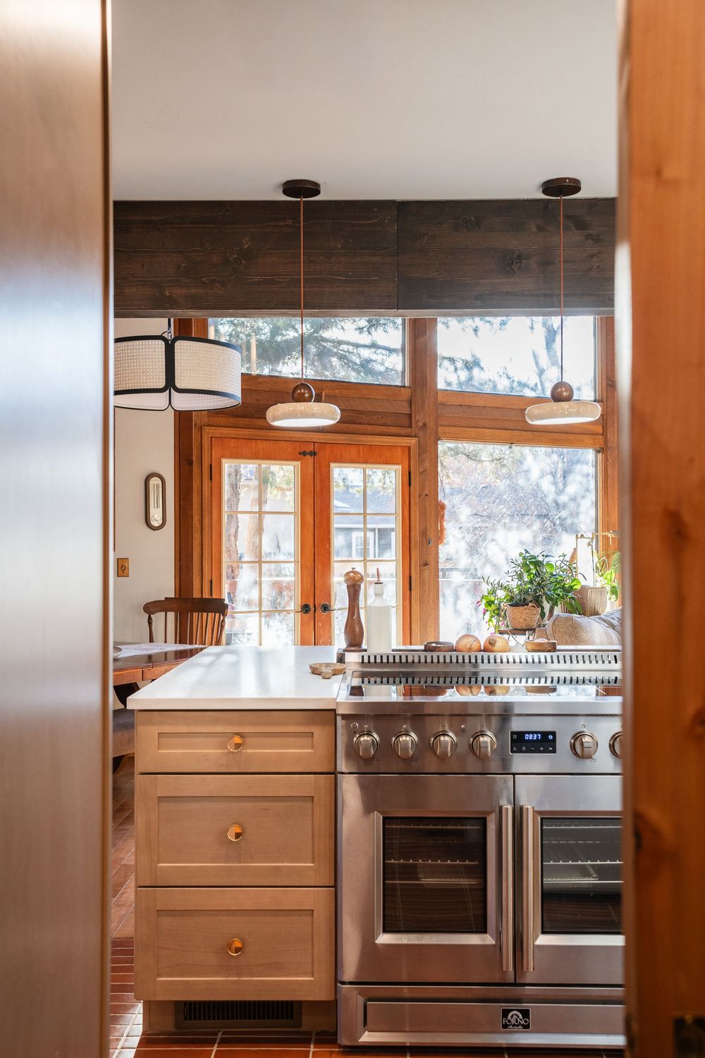 view of new stove and island