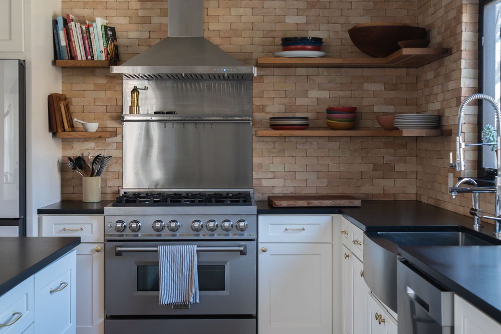 stove and brick walls with pottery