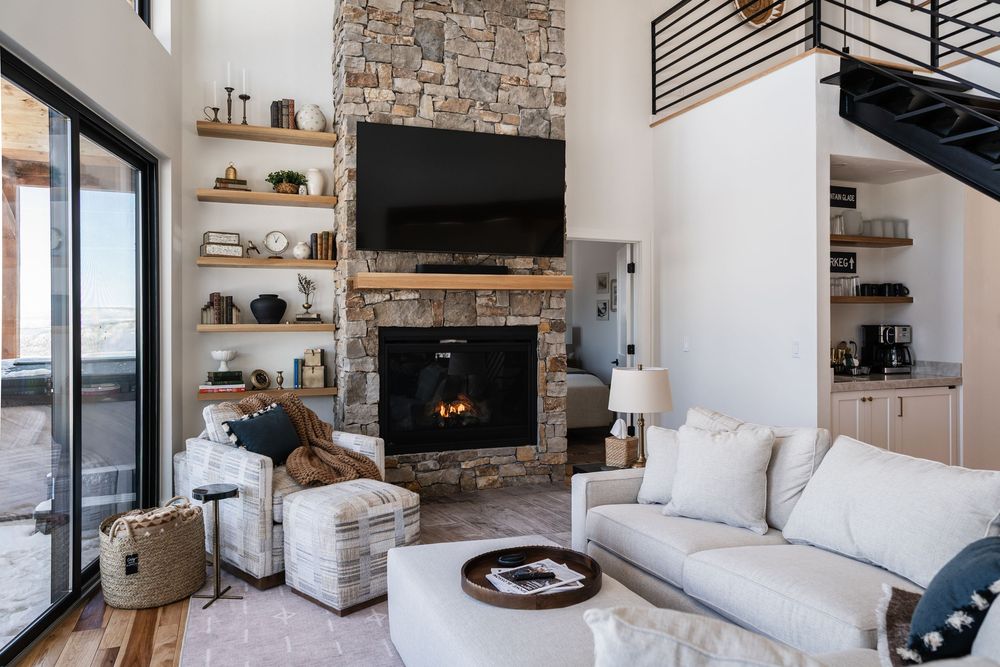 Mountain home living area with fireplace