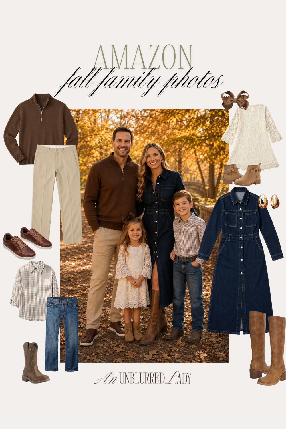 Amazon fall family photo outfit ideas featuring coordinated earth tones, boots, and layered looks for a complete seasonal portrait.