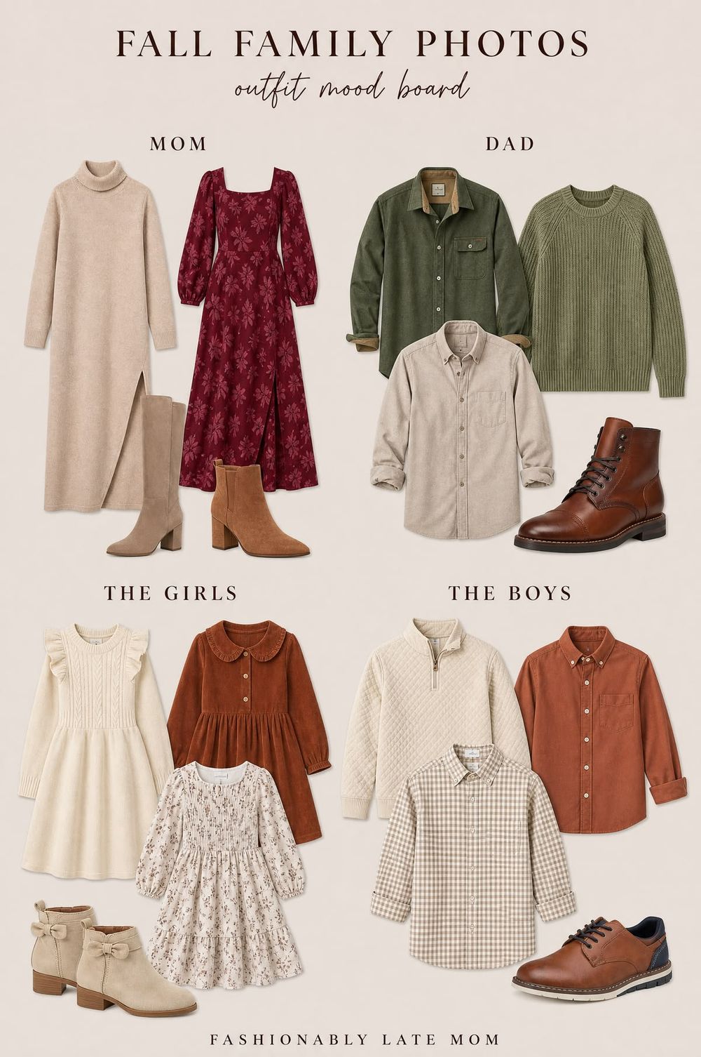 Fall family photo outfit mood board featuring coordinated earth-tone clothing for mom, dad, girls, and boys in autumn colors.