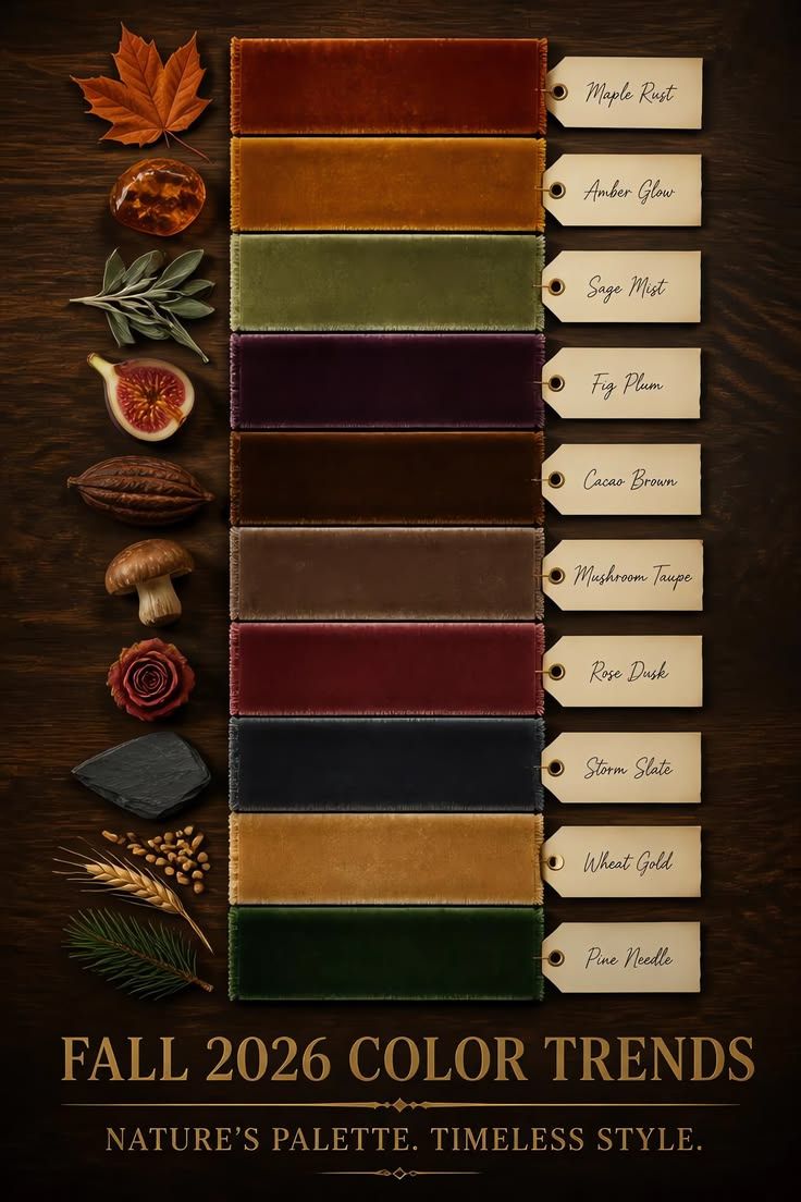 Fall 2026 color trends palette featuring 9 nature-inspired swatches including Maple Rust, Sage Mist, and Pine Needle.