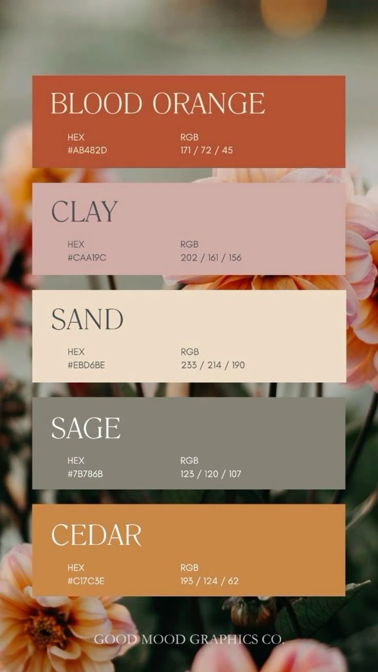 A warm earth-tone color palette featuring Blood Orange, Clay, Sand, Sage, and Cedar swatches with hex and RGB codes.