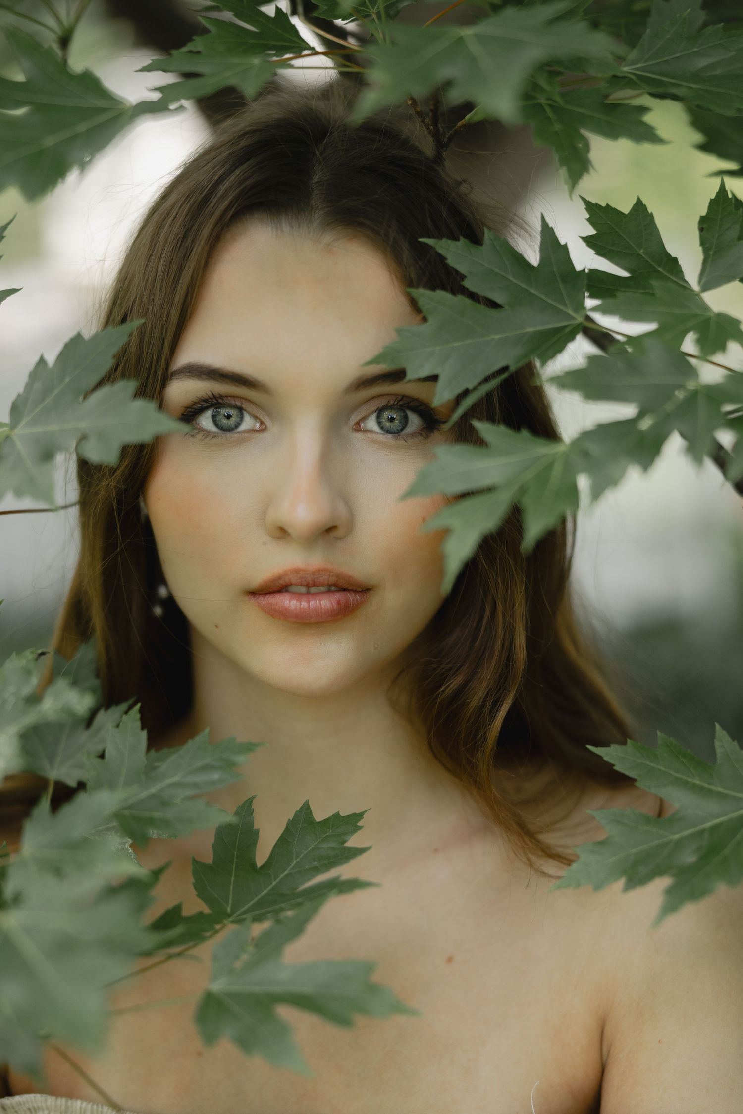 A young woman with blue eyes and brown hair peers through green maple leaves in a serene outdoor portrait.