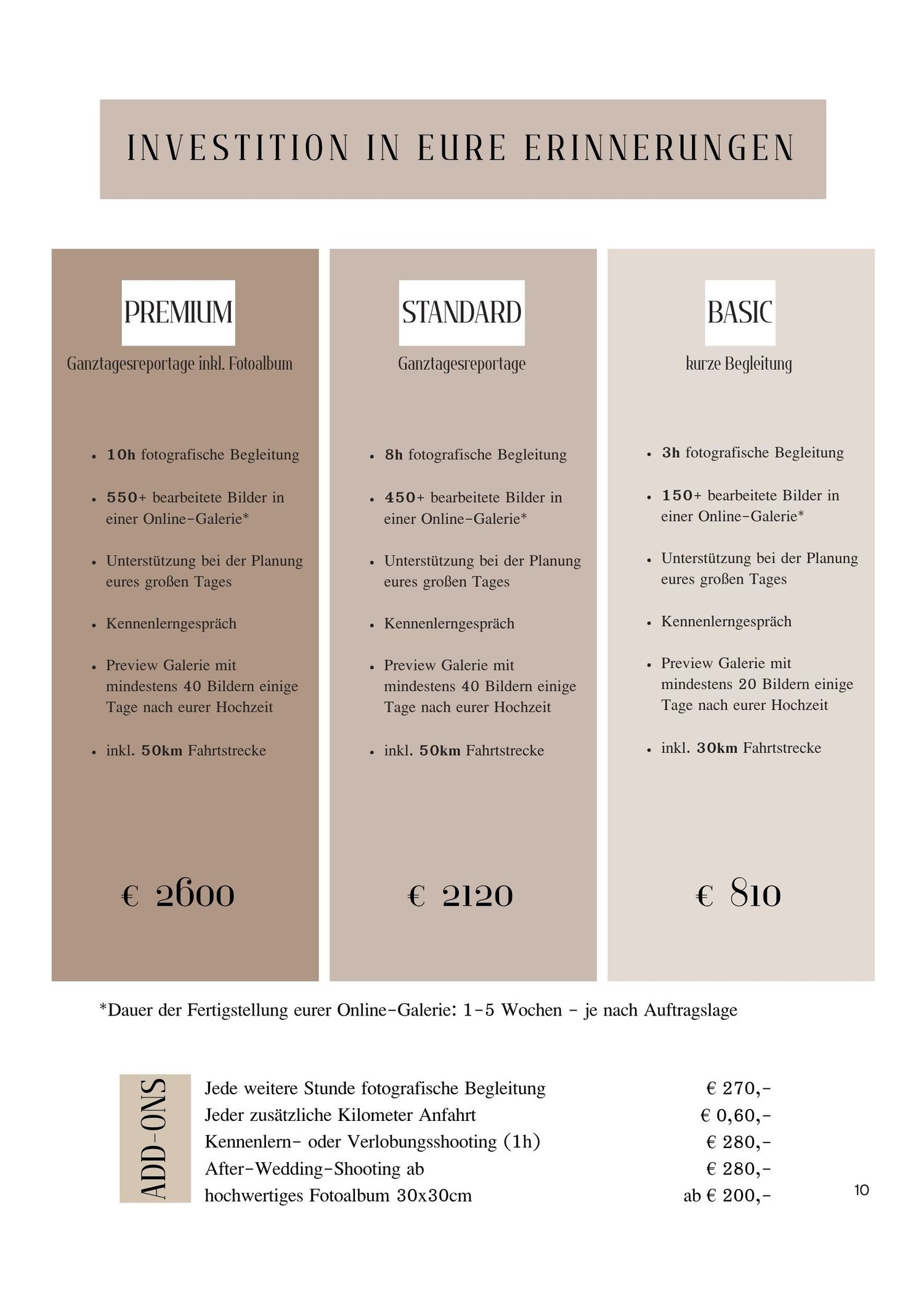 Wedding photography pricing guide showing Premium, Standard, and Basic packages ranging from 510 to 2600 euros with add-on options.