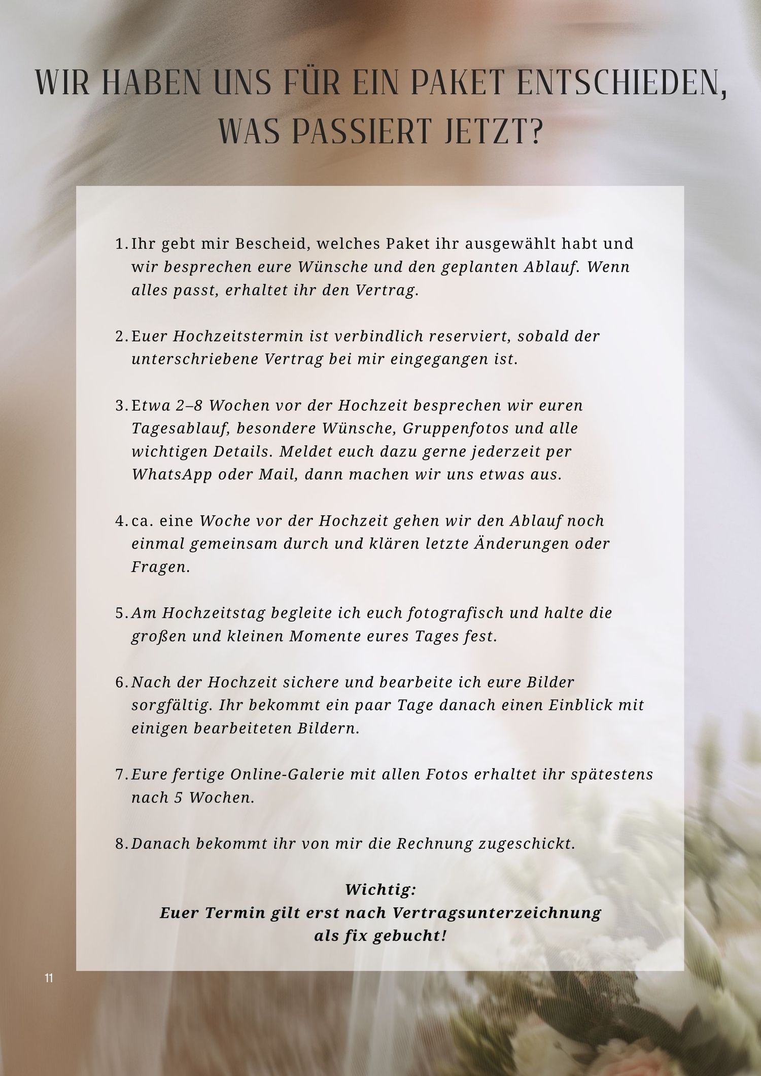 A German wedding photography package guide listing 8 steps of the booking process on a floral background.