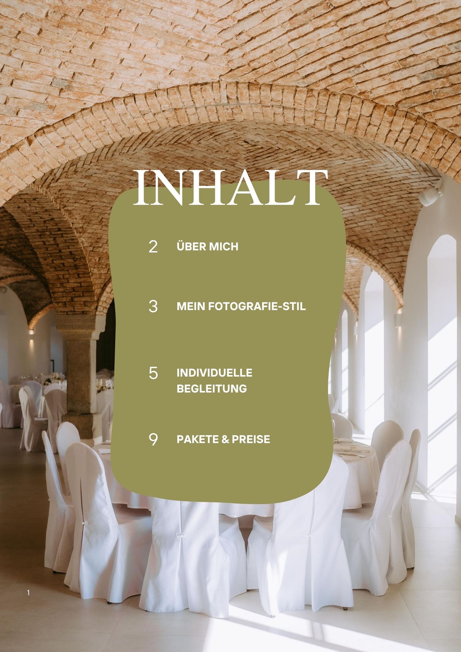 Elegant wedding venue table of contents brochure in German with olive green accents and brick arch ceiling backdrop.