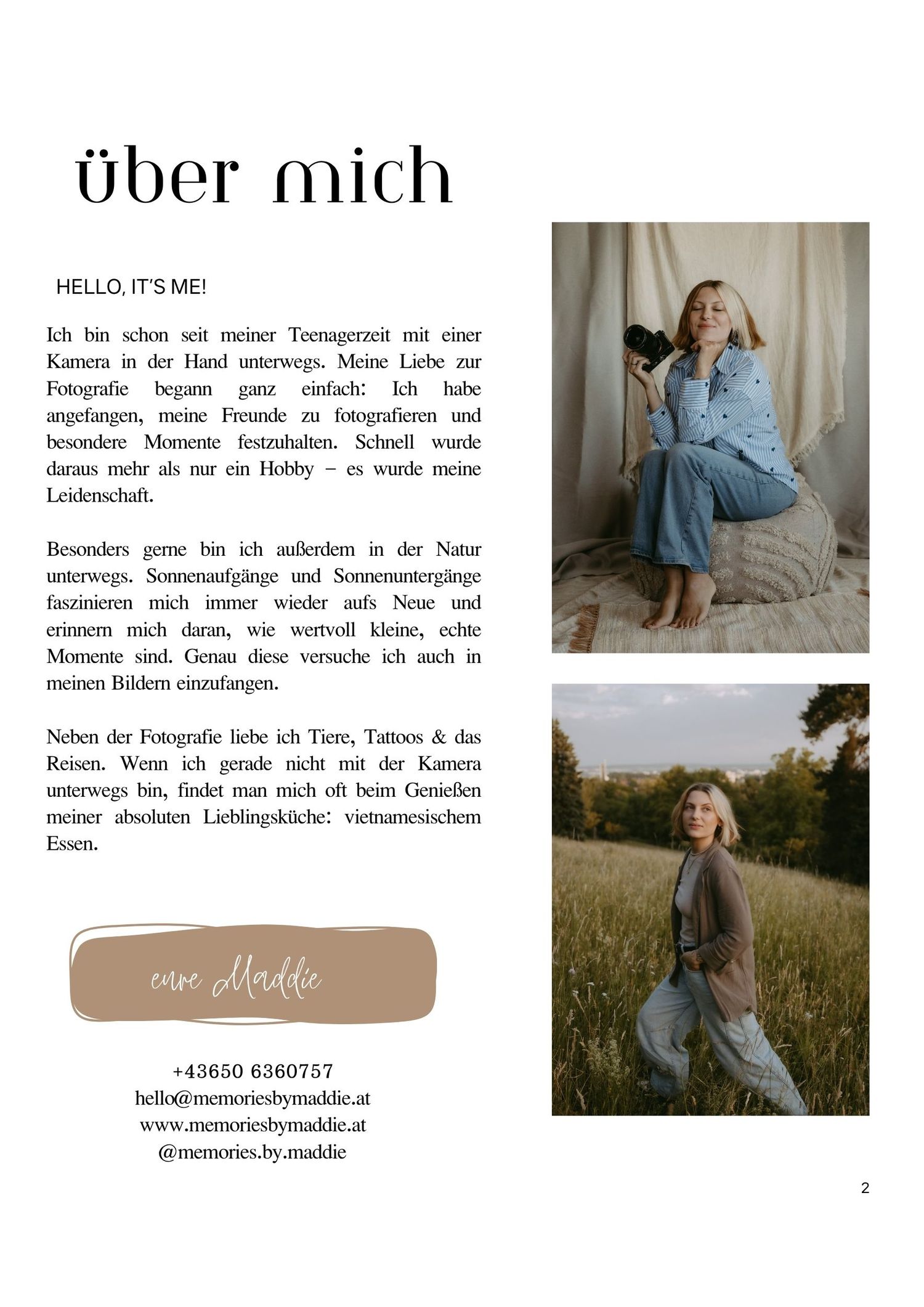 A young woman with blonde hair poses outdoors in a blue outfit, featured in an Austrian photography portfolio page.