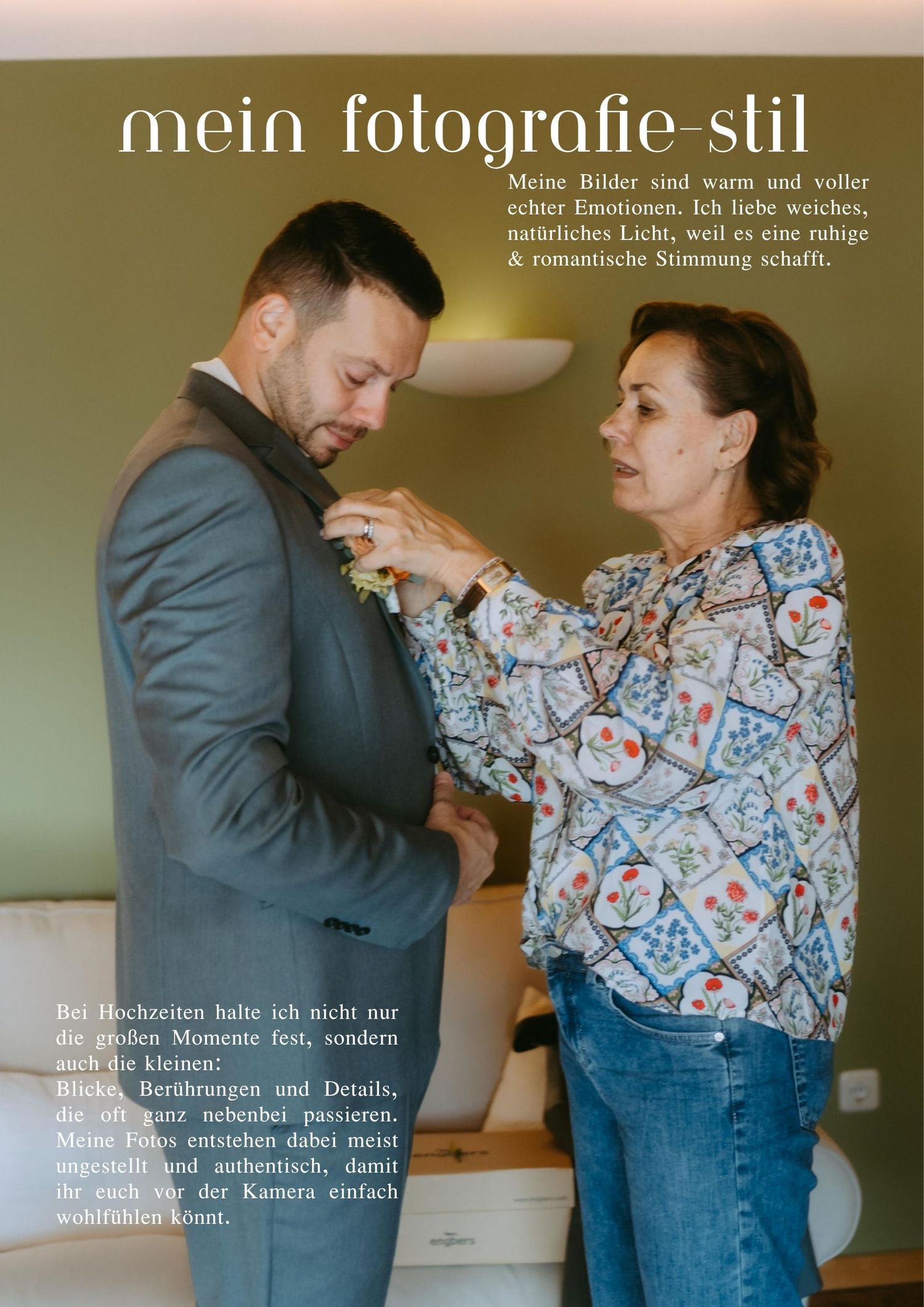 A woman adjusts a mans suit jacket in a warm, natural light setting, capturing an authentic wedding preparation moment.