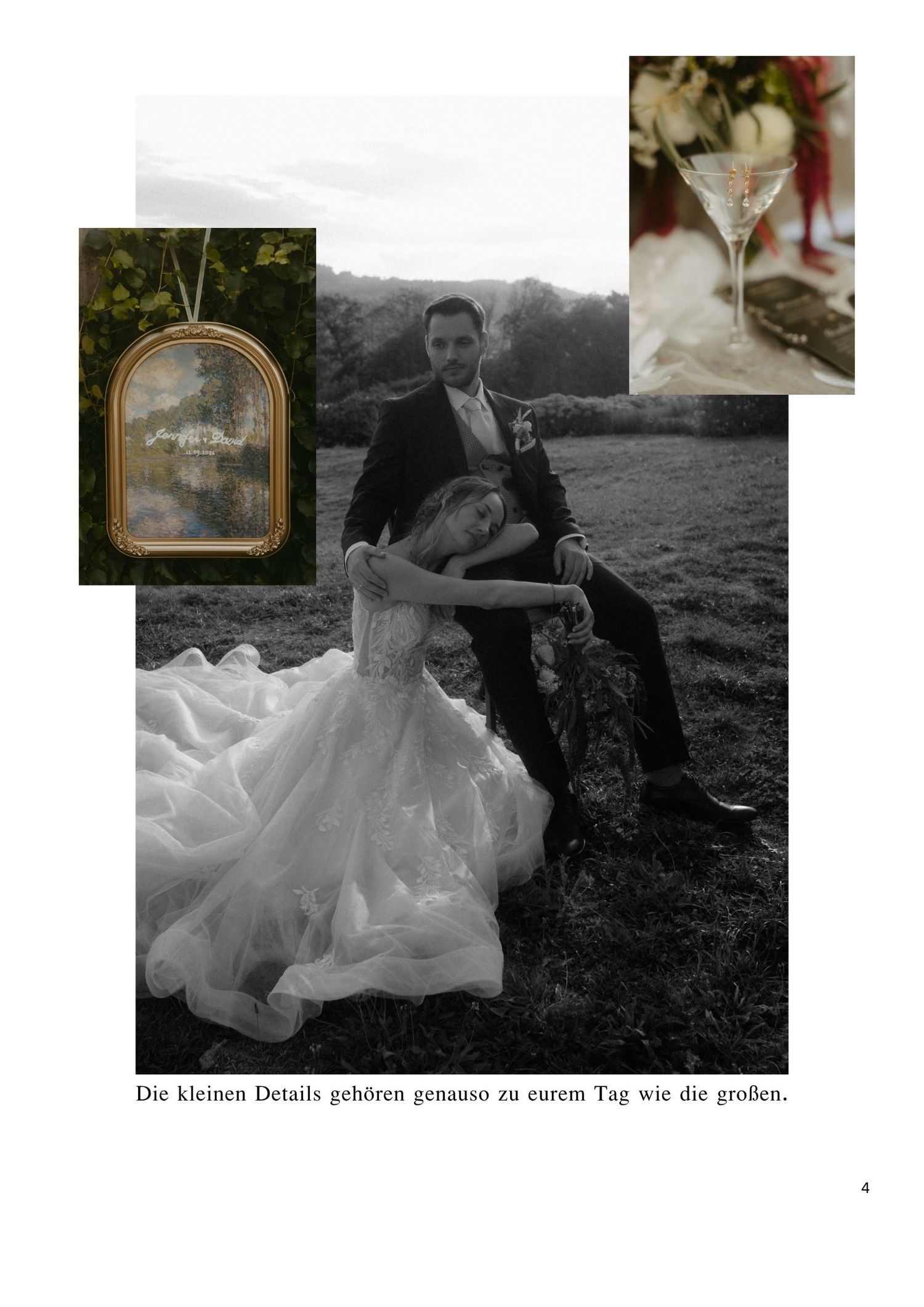 Elegant wedding couple in black and white, bride in lace gown, groom in suit, with gold necklace and cocktail glass accents.