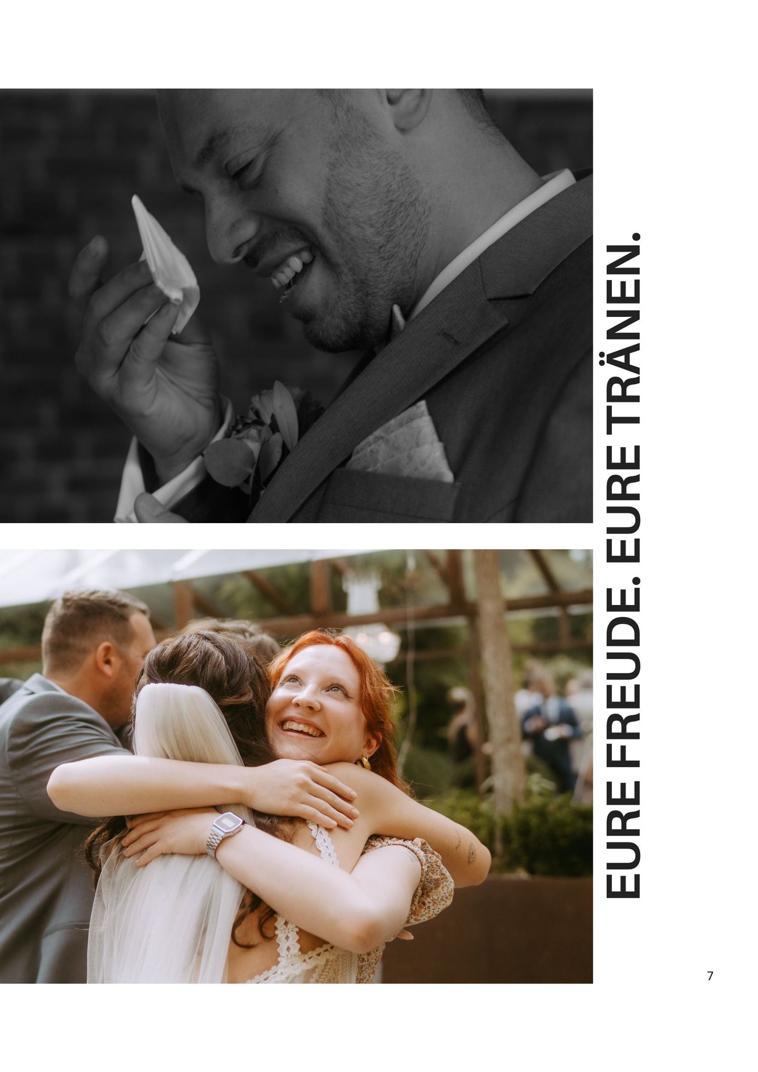 A groom wipes away tears of joy at his wedding while a bride hugs guests, capturing emotional wedding moments.