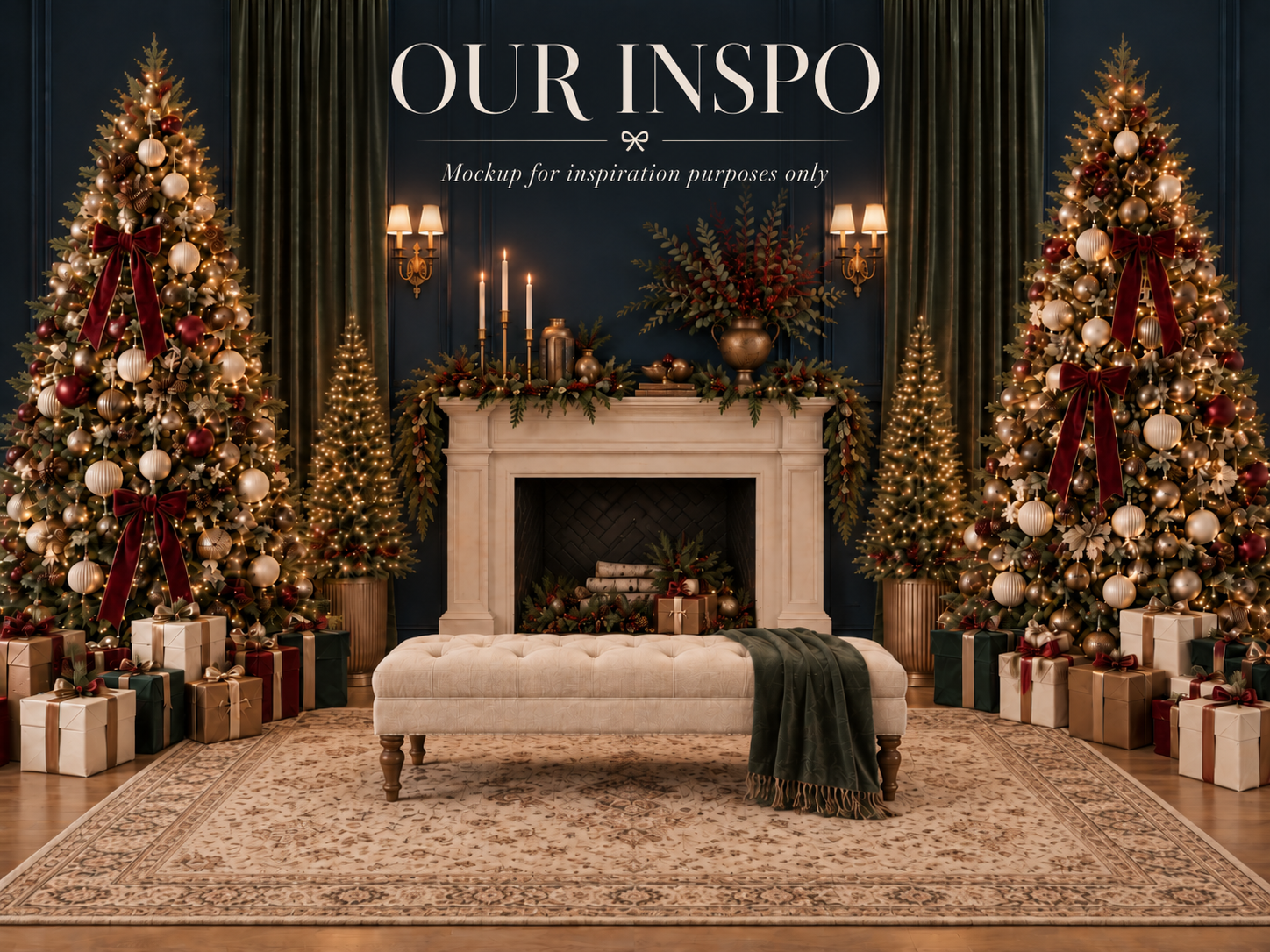 Christmas 2026 holiday collection mood board featuring family photos, evergreen wreaths, and a rich jewel-toned color palette.