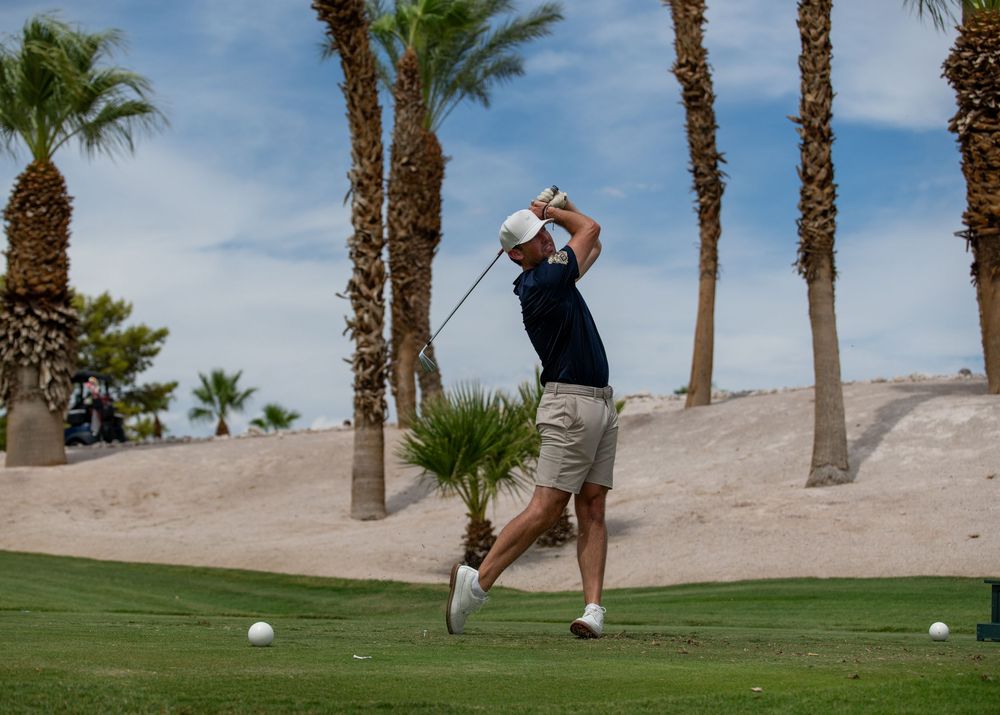 Golfer in navy shirt tees off surrounded by palm trees on a desert golf course.