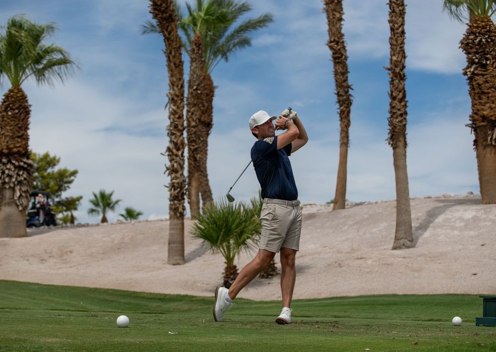 Golfer in navy shirt and khaki shorts follows through on a tee shot surrounded by palm trees on a desert course.