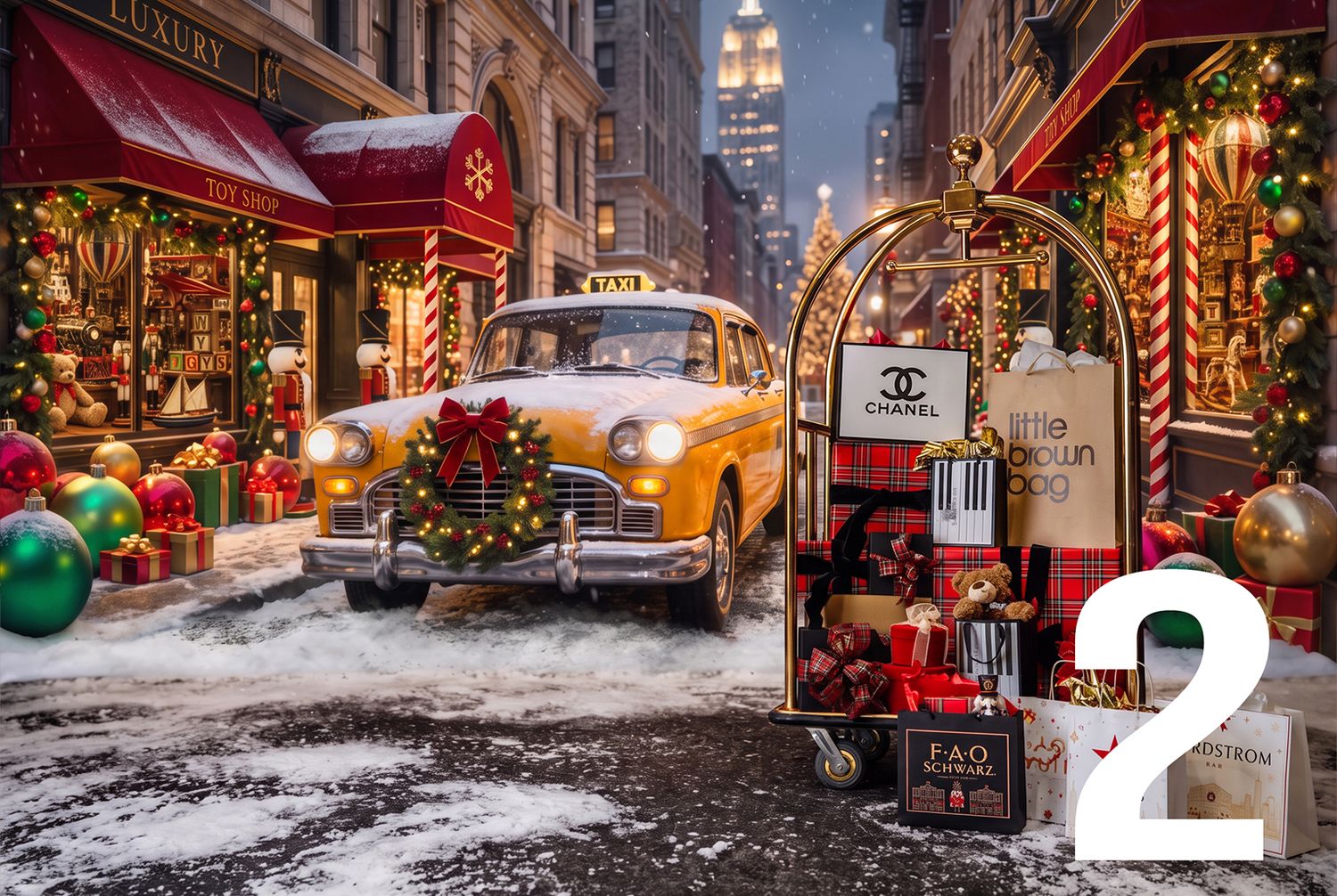 Festive NYC street scene with yellow taxi, Christmas decorations, snow, and Fifth Avenue shopping bags at night.