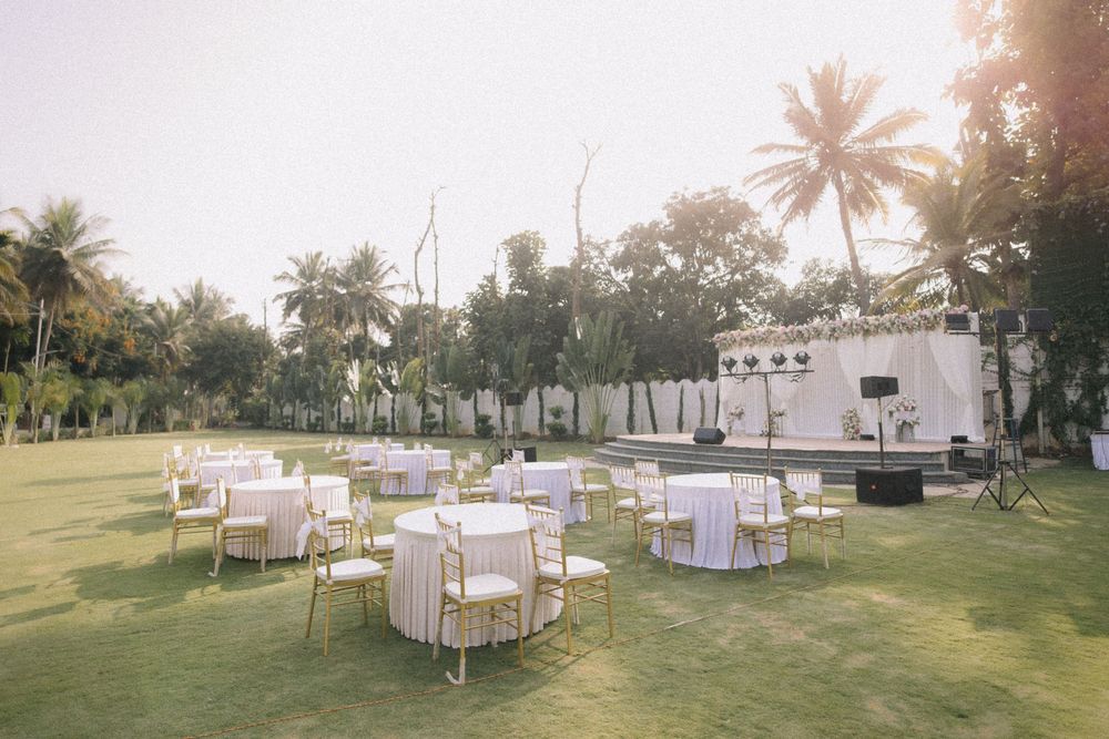 Elegant outdoor event venue with white round tables, gold chairs, lush green lawn, and palm trees under soft sunlight.