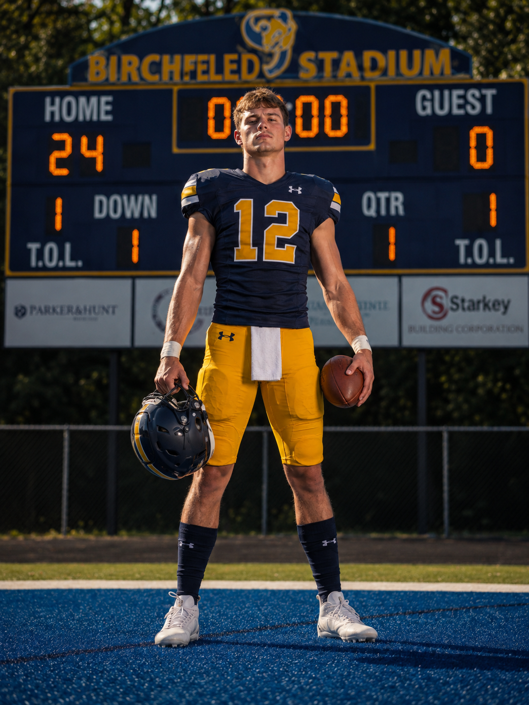 Football player #12 in navy and gold uniform poses at Birchfield Stadium with helmet and ball.