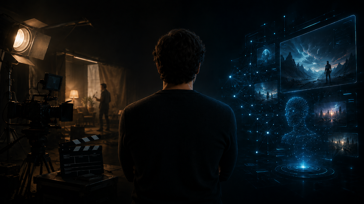 Filmmaker stands before glowing cinematic AI screens in dark studio with camera equipment and dramatic lighting.