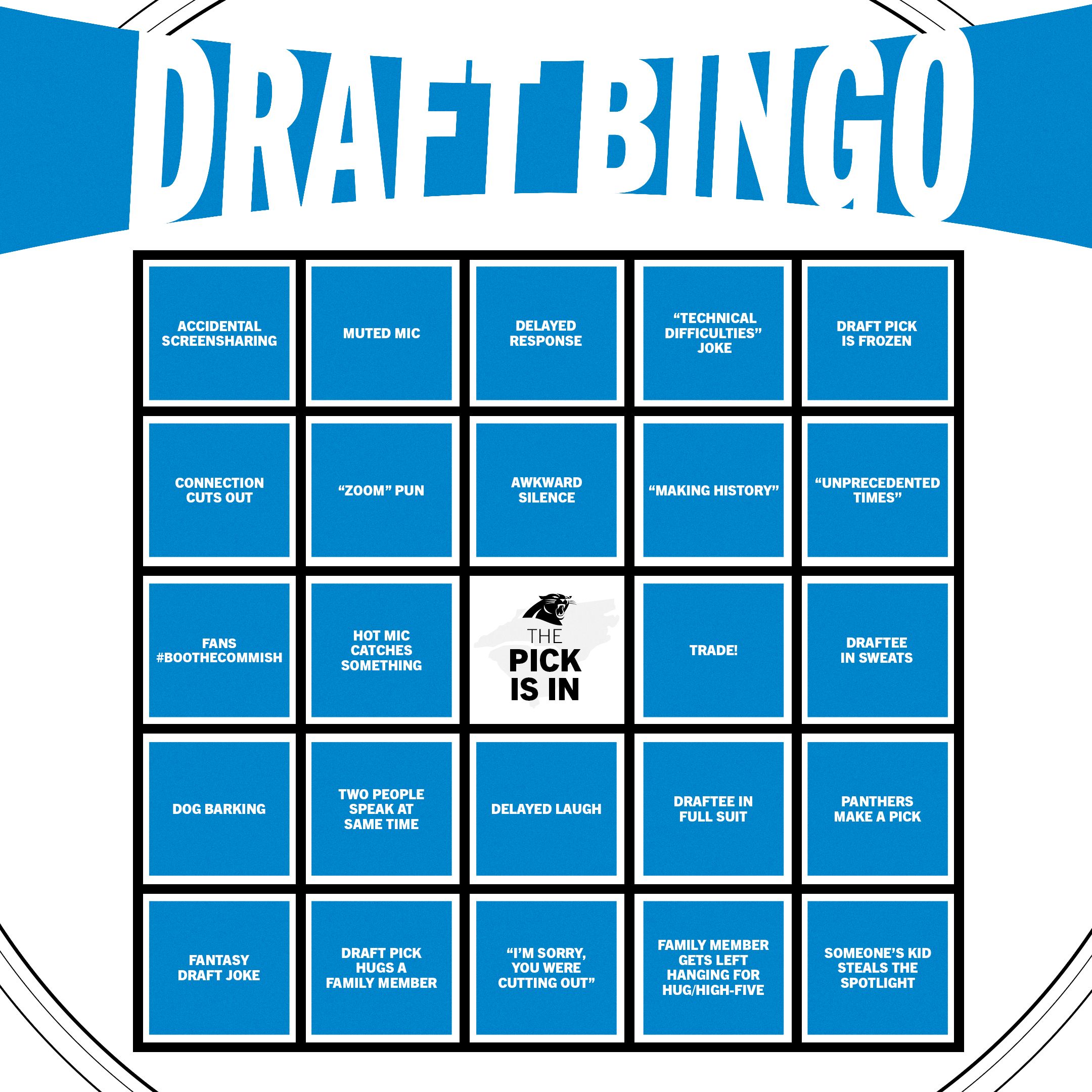 Carolina Panthers NFL Draft Bingo card with blue and white squares featuring humorous phrases and a free space in the center.