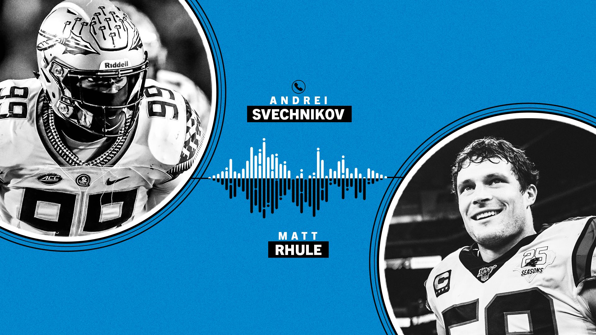Podcast graphic featuring NHL star Andrei Svechnikov and NFL coach Matt Rhule with audio waveform on blue background.