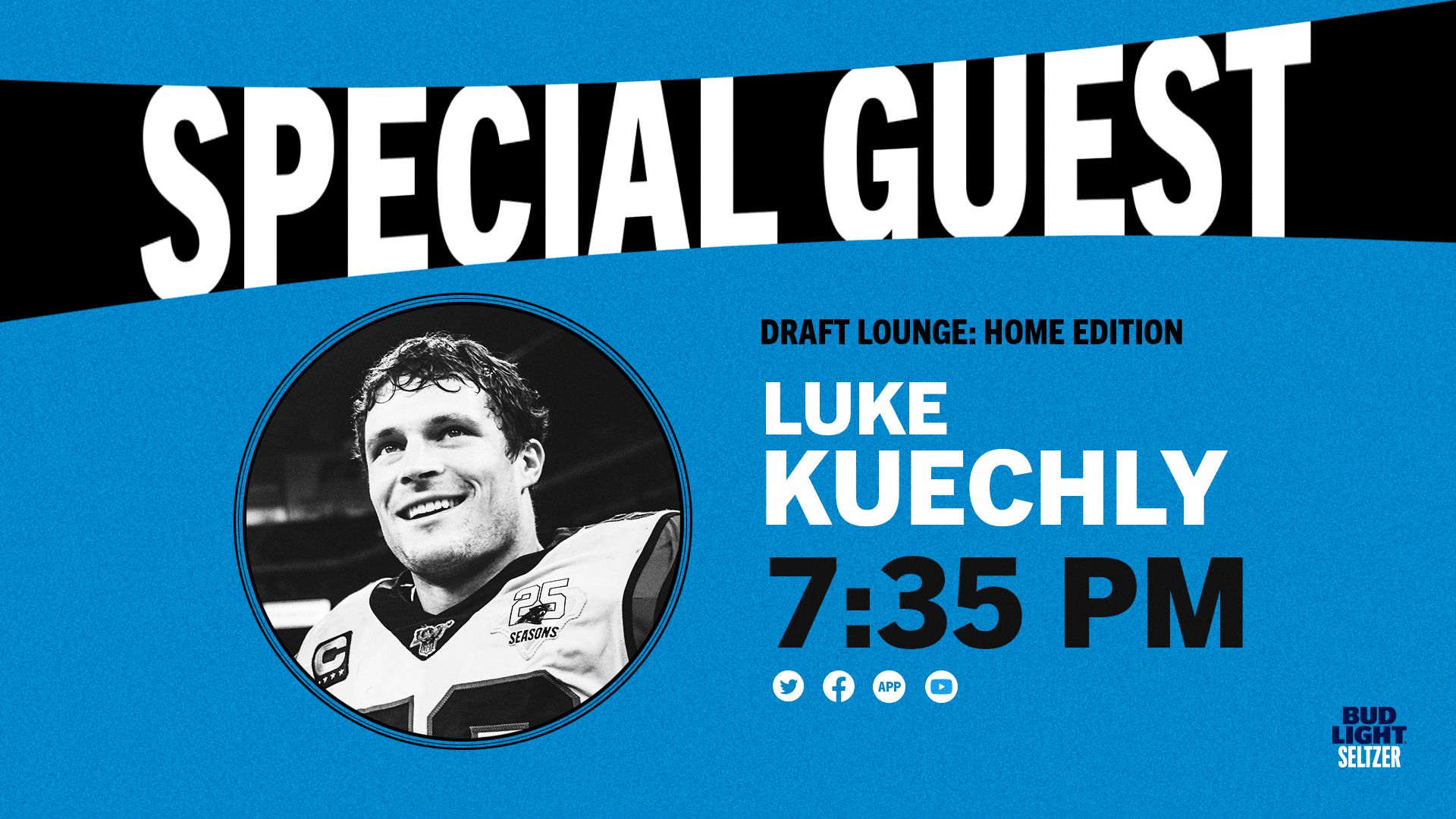 Luke Kuechly featured as special guest on Draft Lounge Home Edition at 7:35 PM promotional graphic.