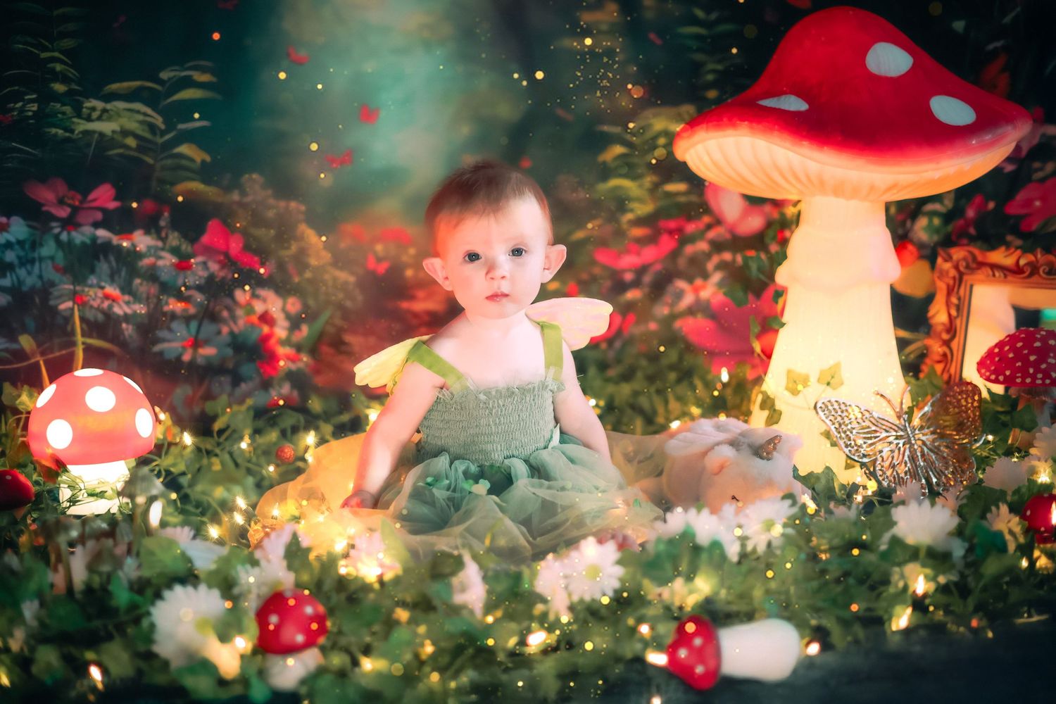 Baby girl in green fairy costume sits among glowing mushrooms and flowers in enchanted forest photo shoot in lake worth.