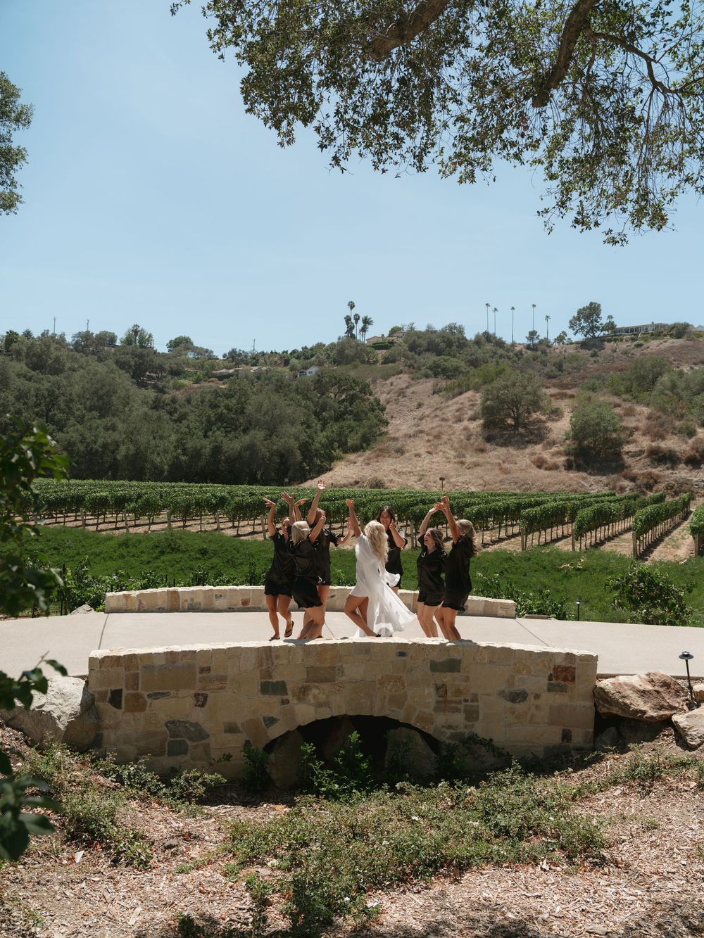 Bride and bridesmaids in black dresses celebrate on a stone bridge at a scenic vineyard wedding venue.