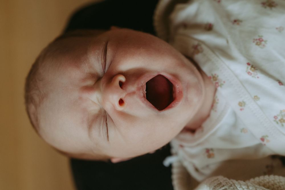 Newborn baby crying with mouth wide open, wearing a white floral onesie, close-up portrait photo.