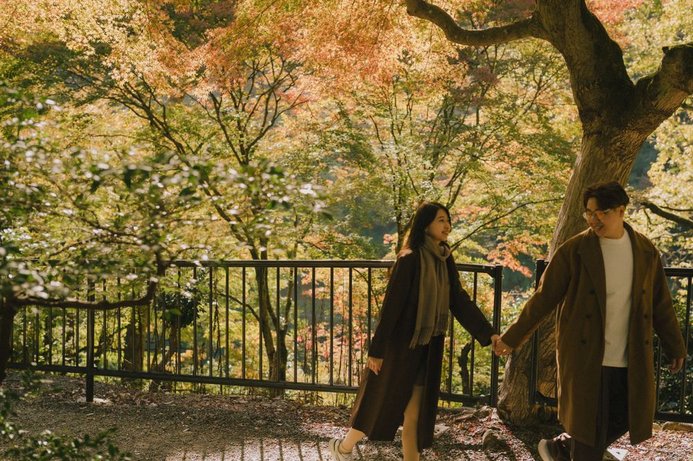 Couple walking hand in hand along a wooden path surrounded by breathtaking autumn foliage in a Japanese garden.