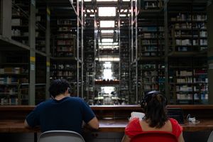 Two students study at a wooden desk in a grand library with towering bookshelves stretching into the distance.