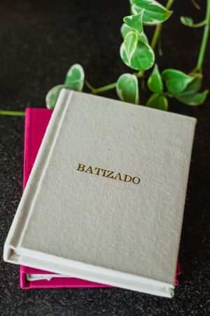 Cream linen hardcover Batizado baptism book resting on a pink book beside a green plant on dark surface.