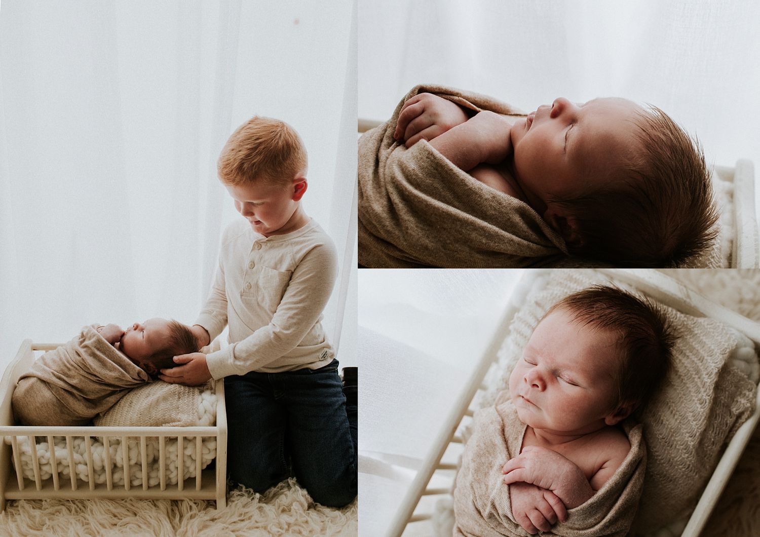 A red-haired boy tenderly holds a swaddled newborn in a rustic crib, with close-up shots of the sleeping baby wrapped in beige.