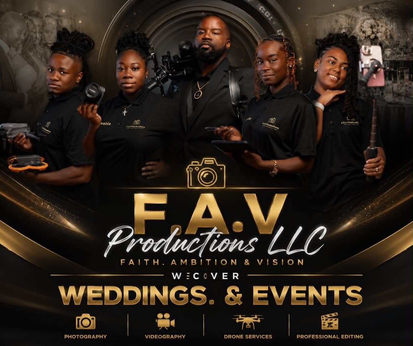 F.A.V Productions LLC team in black attire offering wedding and event photography, videography, drone services, and editing.