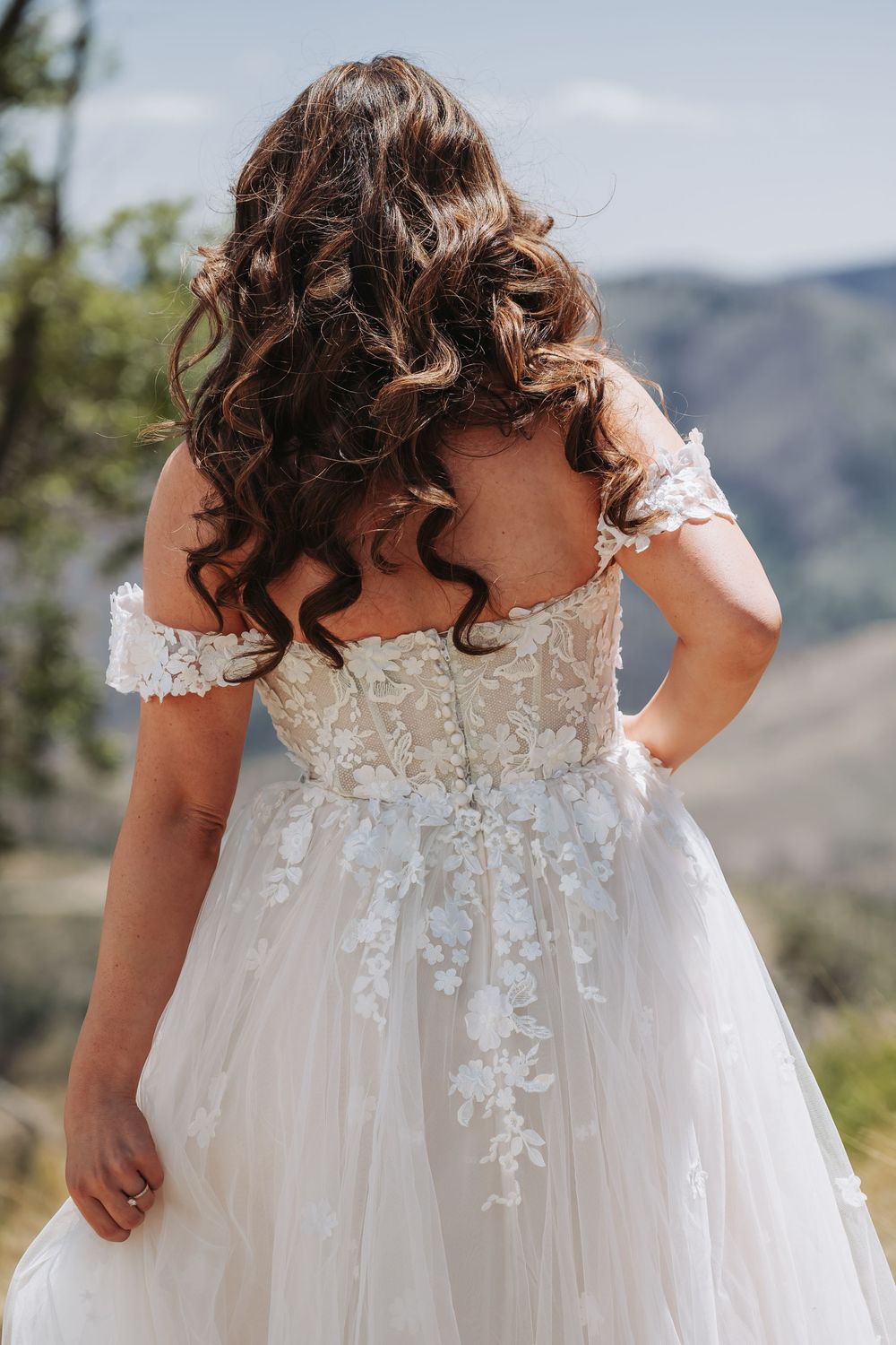 Bride in off-shoulder lace and tulle wedding gown viewed from behind, showcasing floral appliques amid mountain scenery.