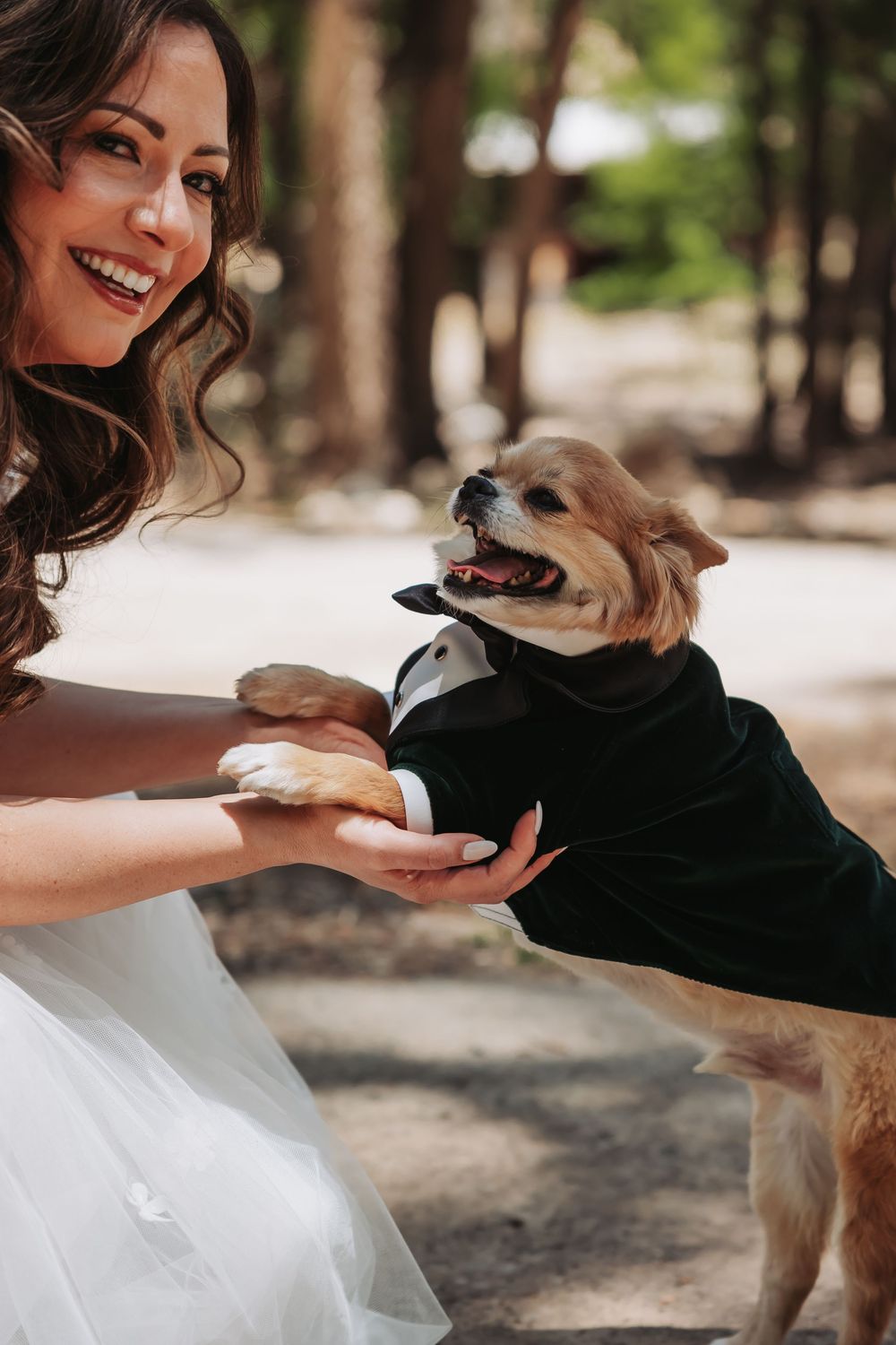 Smiling bride in white gown shakes paws with an adorable dog dressed in a black tuxedo outdoors.