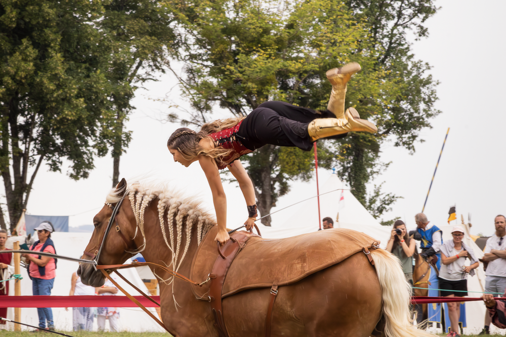 Acrobat performing a daring leap over a brown horse during an equestrian stunt show outdoors.