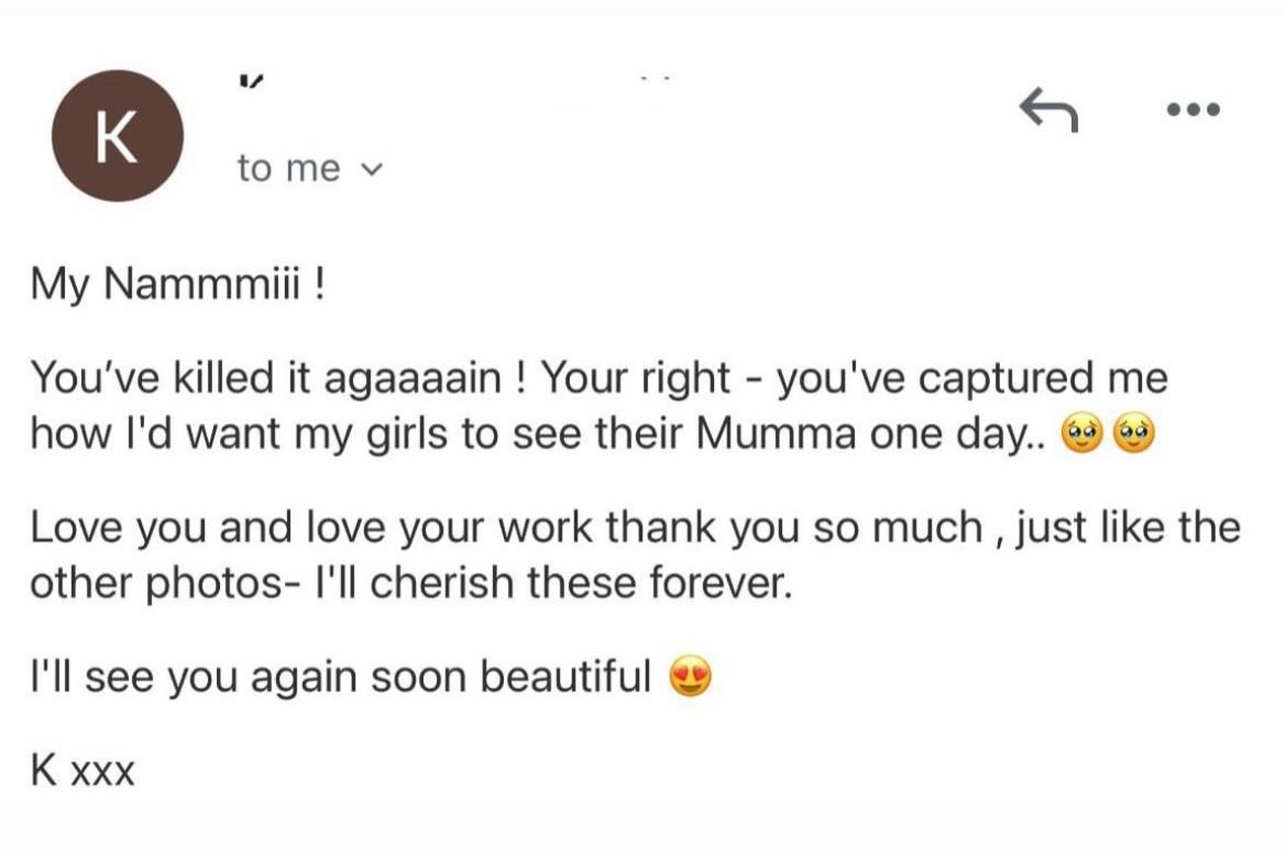 Screenshot of a heartfelt email from a satisfied client praising a photographer's work and expressing love for captured family photos.