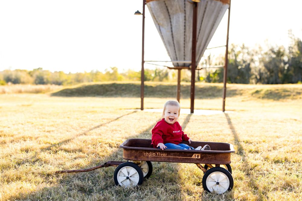 A smiling baby in a red sweater sits in a classic red Radio Flyer wagon in a sunny open field.