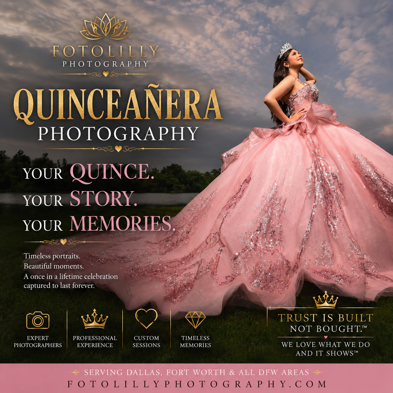 Not having a Full Quinceanera but want beautiful photos in Dallas Fort Worth? Fotolilly Photography is home to the Quince Photo Only Session