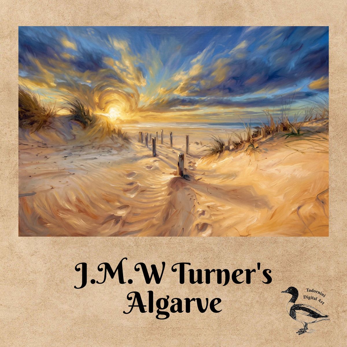 JMW Turner inspired impressionist painting of a sandy beach boardwalk under dramatic stormy skies. AI digital art by Alyson Sheldrake.