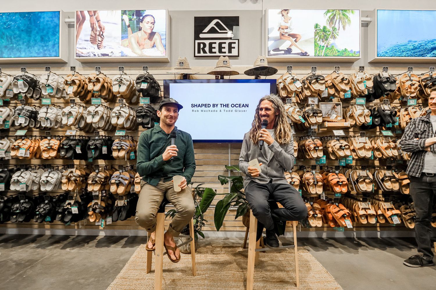 Reef event photography of surfer Rob Machado and photographer Todd Glaser speaking at a "Shaped by the Ocean" panel.