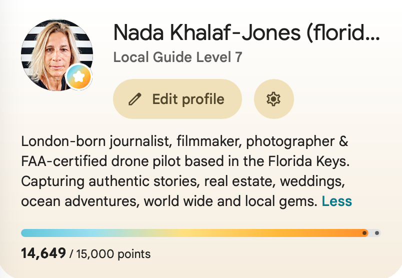 Google Maps Local Guide Level 7 profile of Nada Khalaf-Jones, a journalist and drone pilot based in the Florida Keys.