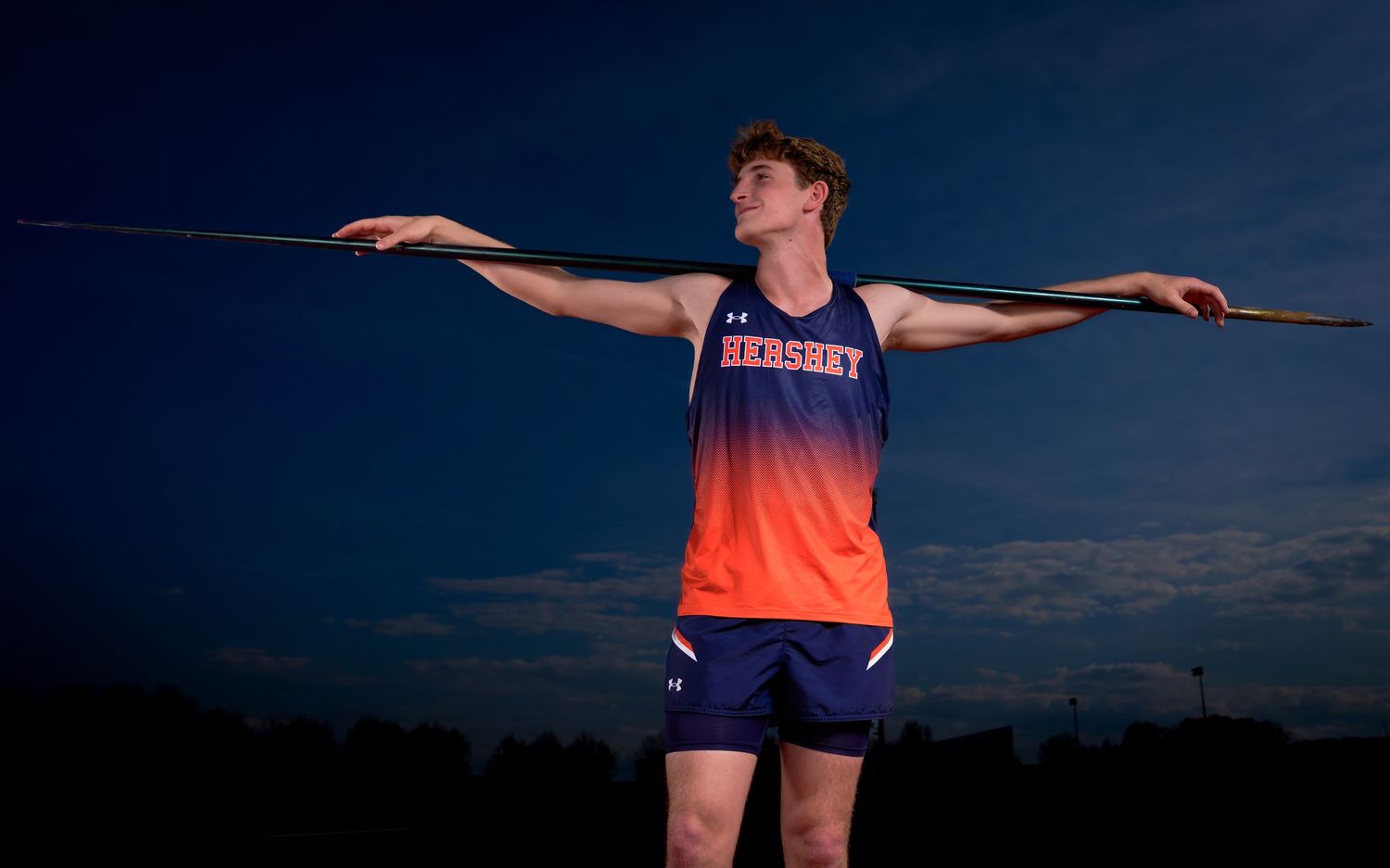 Hershey Trojans javelin thrower portrait on photo day, by Deanna Fox, SportsFox Photography, Hershey PA