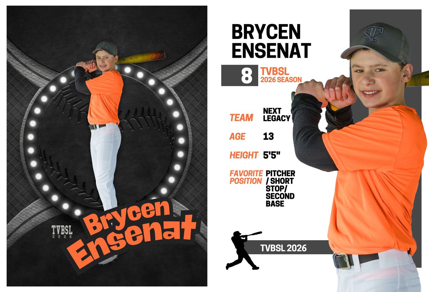 Baseball trading card for Brycen Ensenat, TVBSL player #8, age 13, 5'5", favorite positions pitcher, shortstop, second base.