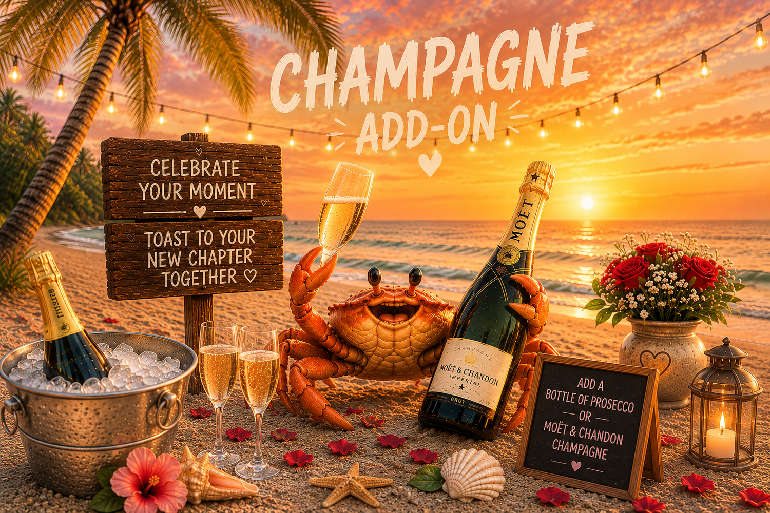 Couple celebrating on a beach at sunset, man pouring champagne into womans glass, both dressed in white.